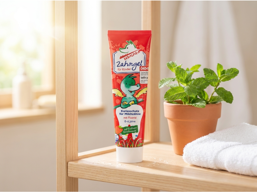 Tabaluga for Kids zubní pasta pro děti v klidném koupelnovém prostředí