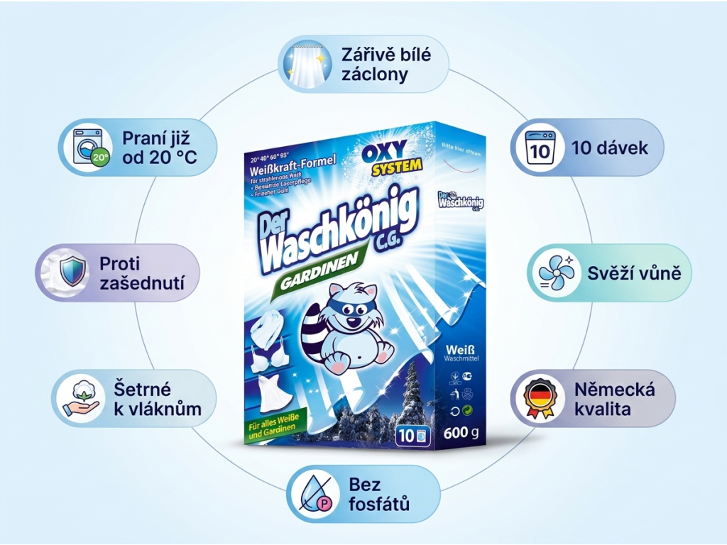 Waschkönig prací prášek na záclony 600 g - infografika výhod