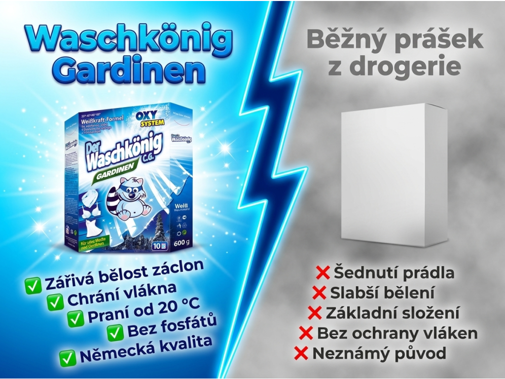 Waschkönig prací prášek na záclony 600 g - srovnání s běžným práškem