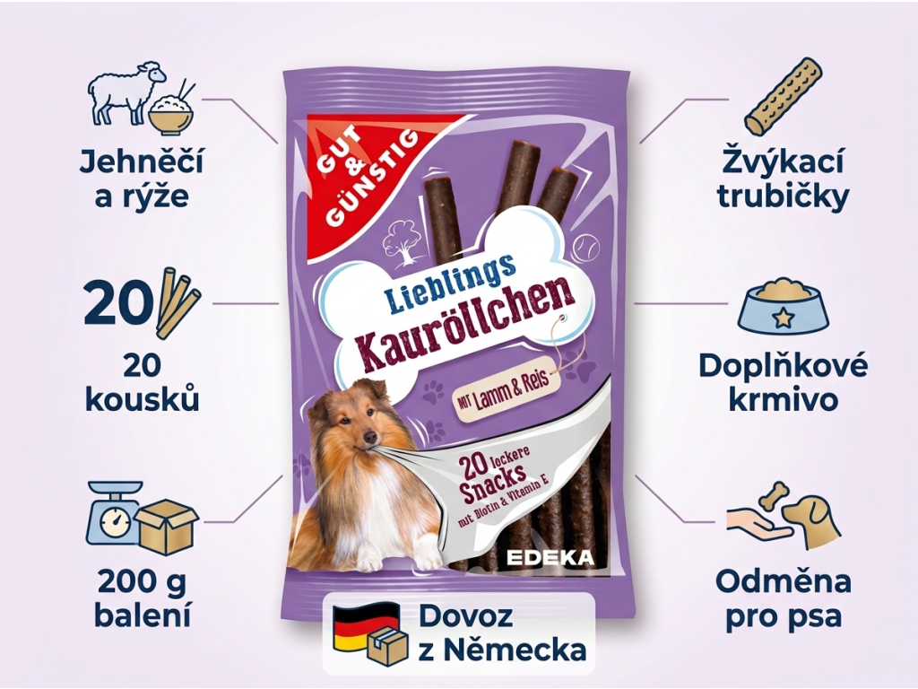 G&G Žvýkací trubičky s jehněčím a rýží - infografika výhod