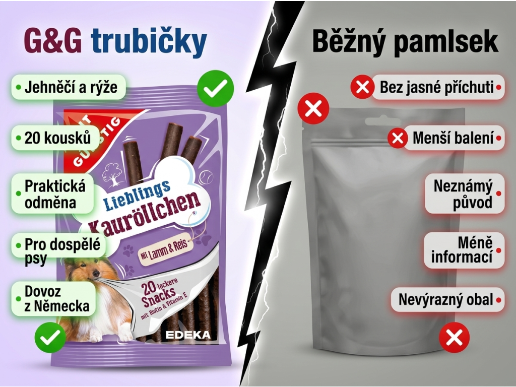 G&G Žvýkací trubičky s jehněčím a rýží - srovnání pamlsků