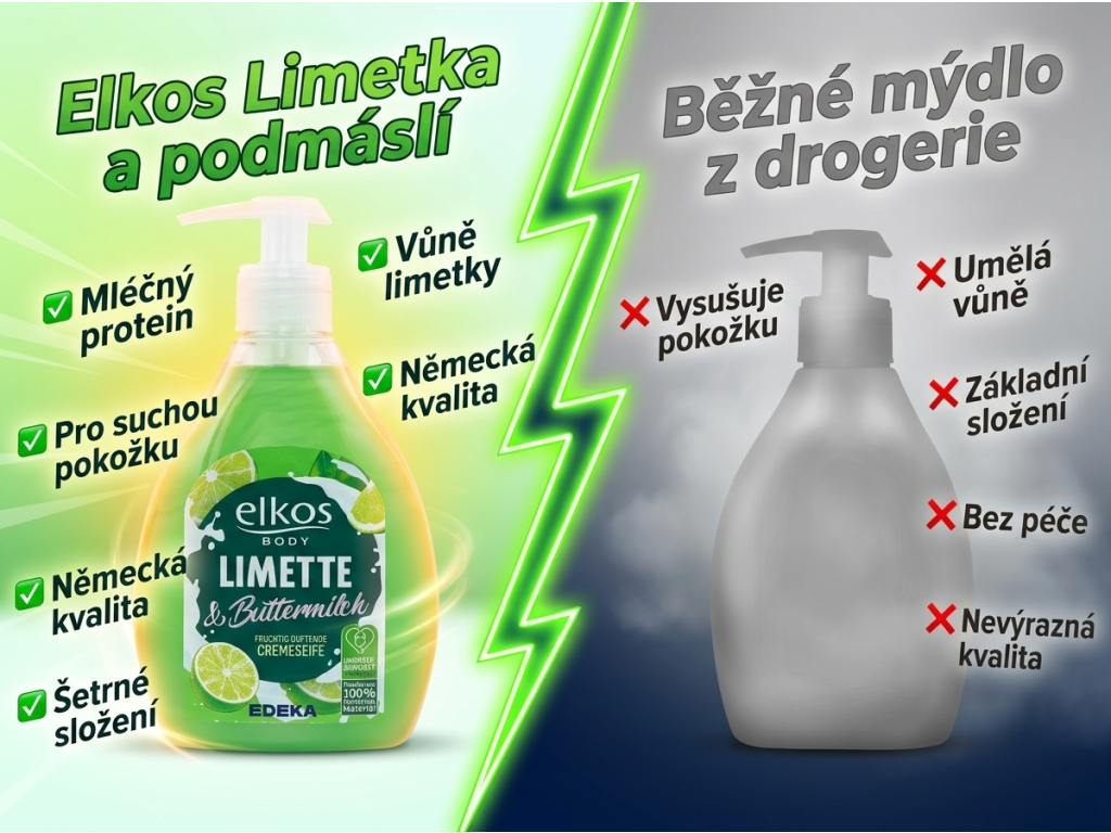 Elkos Limetka a podmáslí tekuté mýdlo 500 ml - srovnání s běžným mýdlem