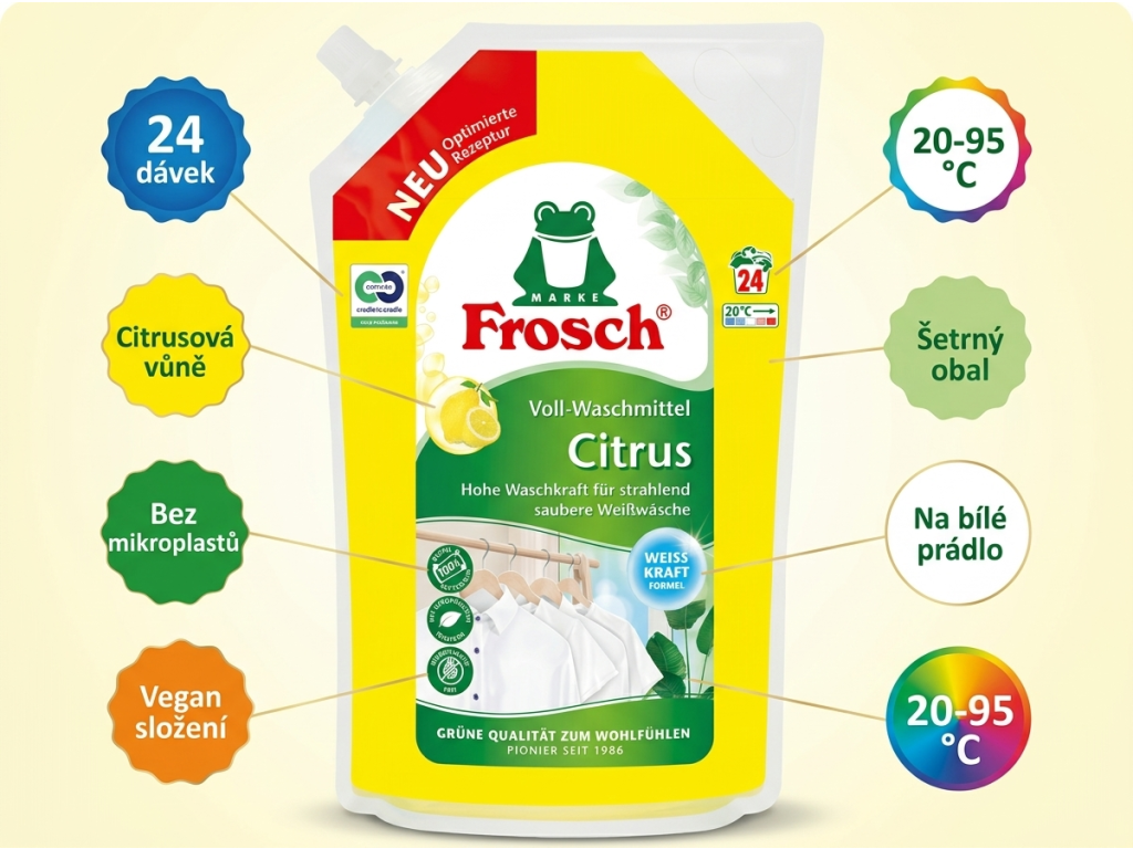 Frosch prací gel na bílé prádlo se silou citrusů 1,44 l, 24 dávek - hlavní benefity
