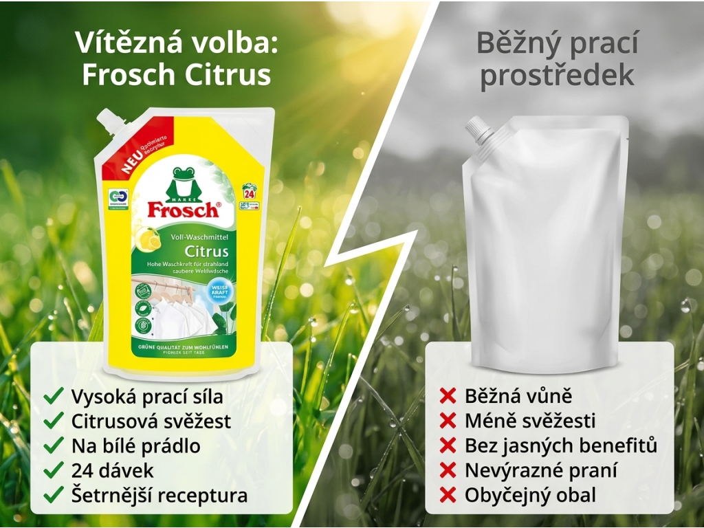 Frosch prací gel na bílé prádlo se silou citrusů 1,44 l, 24 dávek - srovnání s běžným pracím gelem