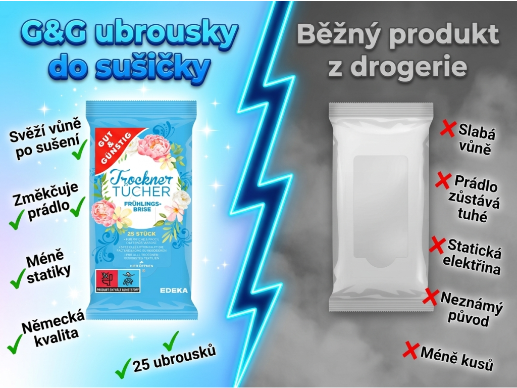 Srovnání G&G ubrousků do sušičky s běžným produktem