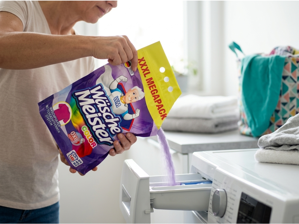 Žena dávkuje Wäsche Meister Color prací prášek do pračky
