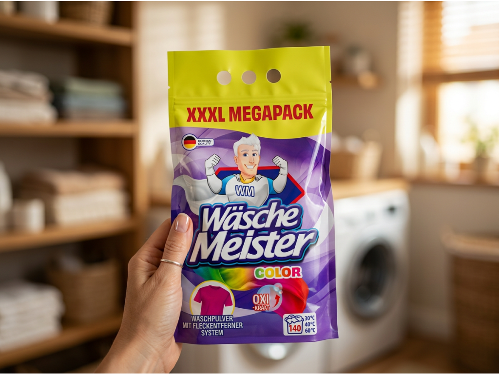 Wäsche Meister Color prací prášek držený v ruce