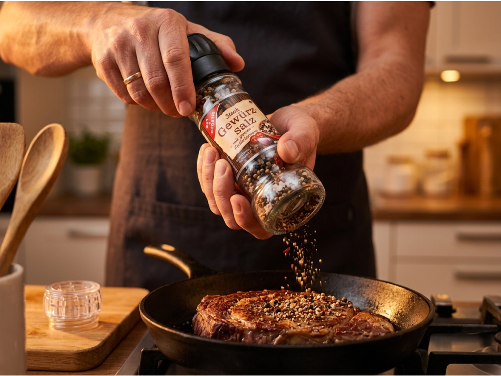 G&G steakové koření v mlýnku při dochucování masa