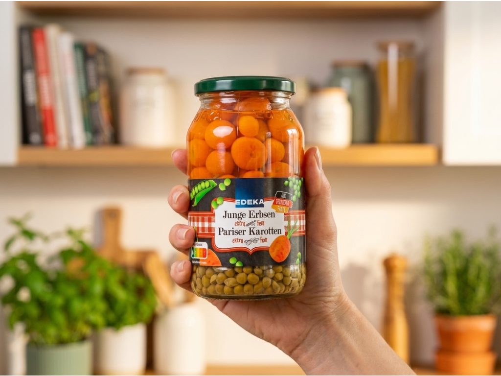 Sklenice Edeka hrášek s karotkou v ruce