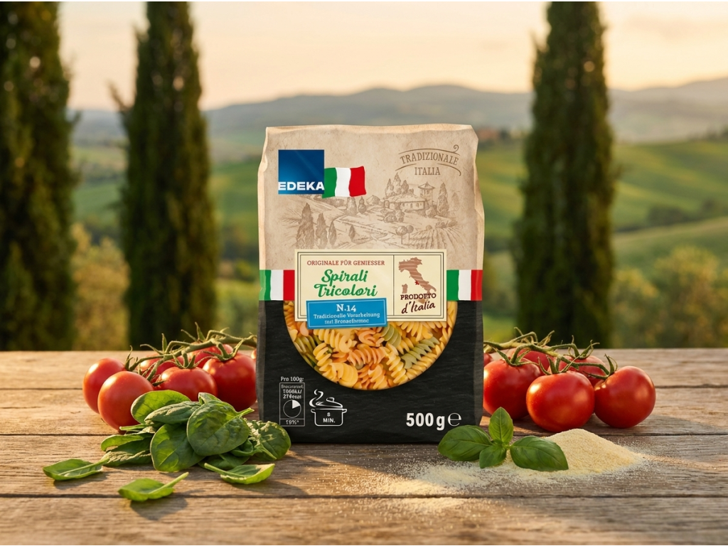 EDEKA Spirali Tricolori v přírodním prostředí s rajčaty a bazalkou