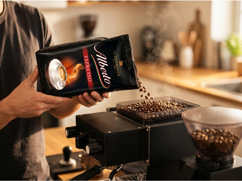 Alberto Espresso zrnková káva 1 kg - sypání zrn do kávovaru