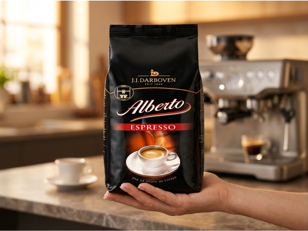 Alberto Espresso zrnková káva 1 kg držená v ruce