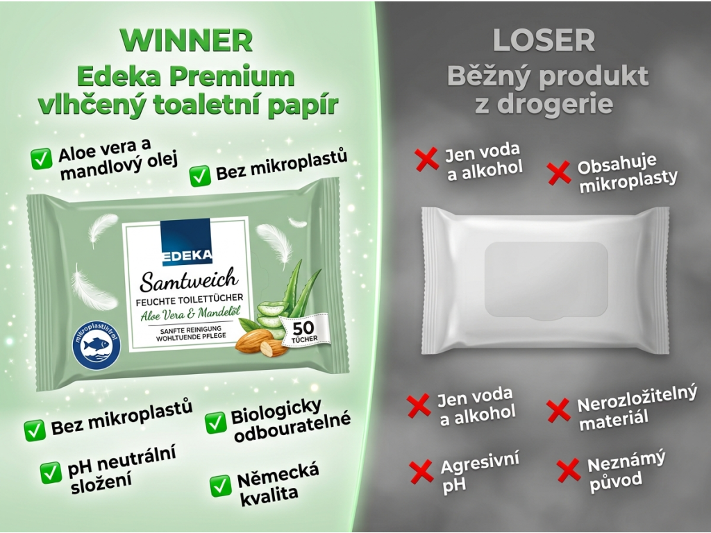 Edeka Premium vlhčený toaletní papír s aloe vera - srovnání s běžnou nabídkou