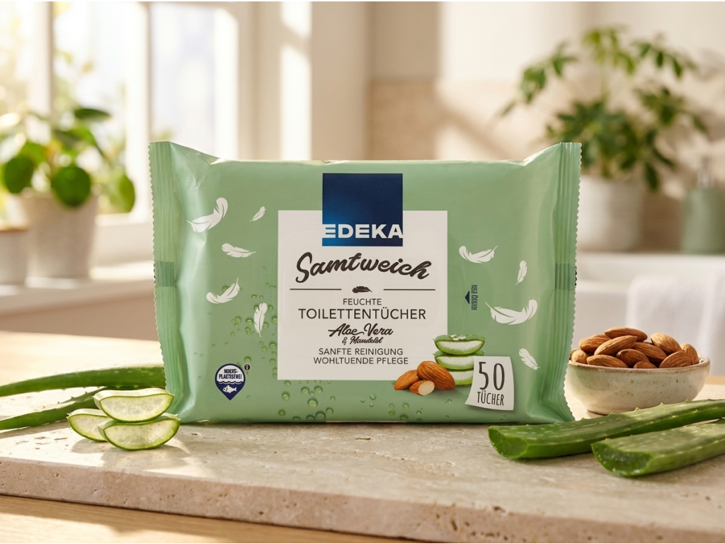 Edeka Premium vlhčený toaletní papír s aloe vera v přírodním prostředí