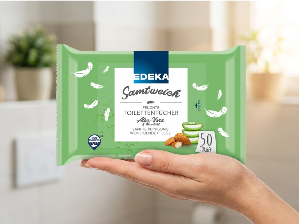 Edeka Premium vlhčený toaletní papír s aloe vera v ruce