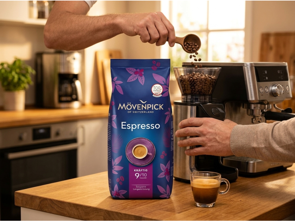 Mövenpick Espresso zrnková káva při přípravě kávy