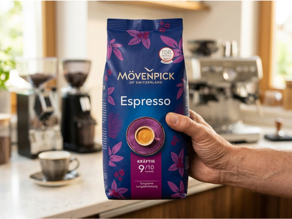 Mövenpick Espresso zrnková káva 1 kg v ruce