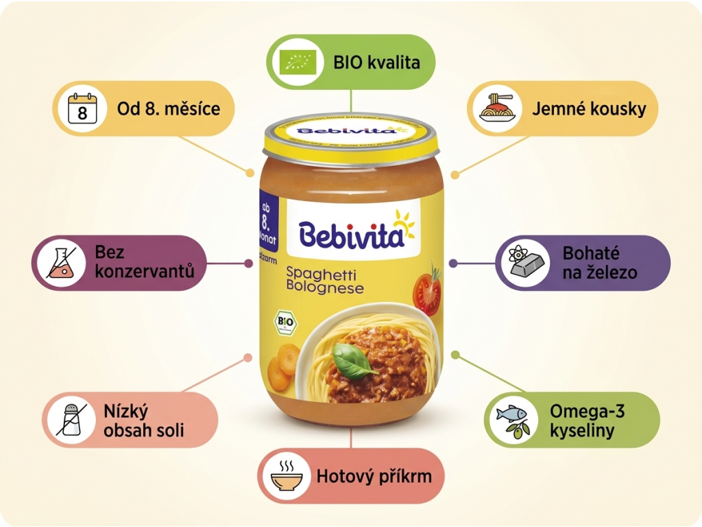 Bebivita 8+ Boloňské špagety 220g - přehled výhod