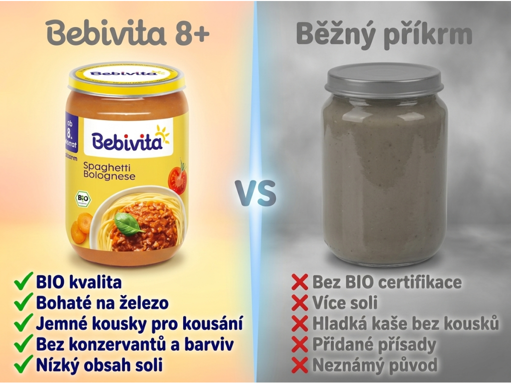 Bebivita 8+ Boloňské špagety 220g - srovnání s běžným příkrmem