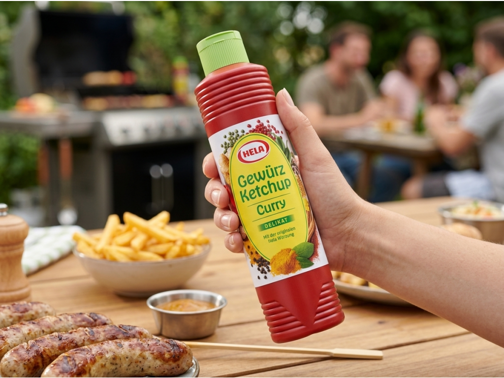 Hela kari kořeněný kečup Delikát 800 ml v ruce