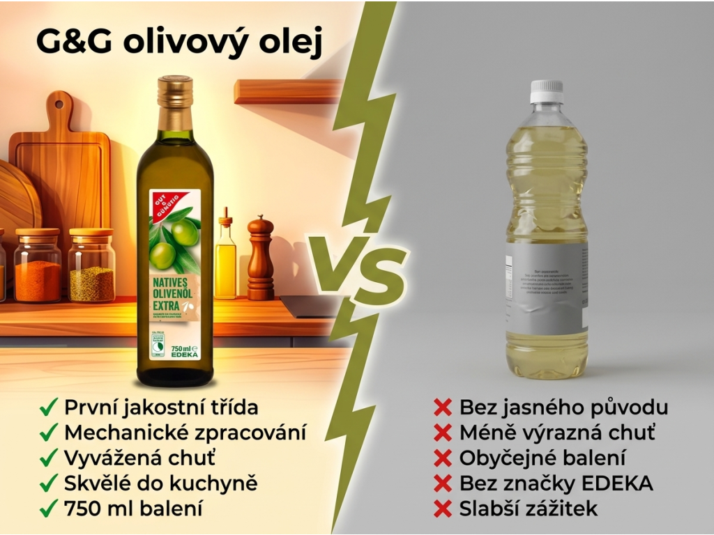 G&G extra panenský olivový olej 750 ml - srovnání s běžným olejem