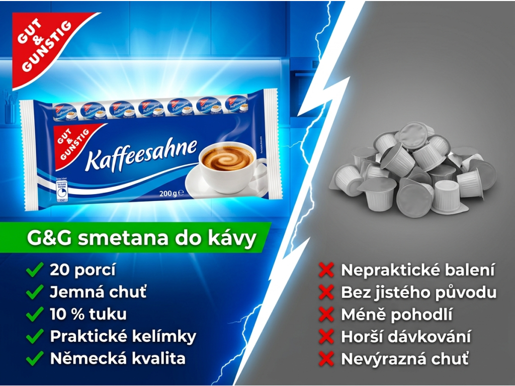 G&G Smetany do kávy 10% tuku 20 x 10g - srovnání s běžnou smetanou