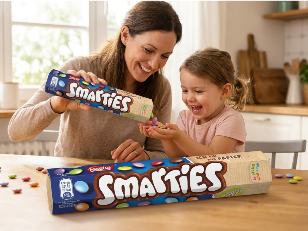 Maminka s dítětem si pochutnávají na Smarties