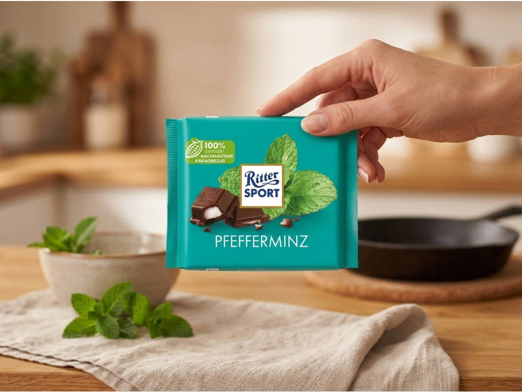 Ritter Sport Pfefferminz peprmintová čokoláda 100 g - čokoláda v ruce