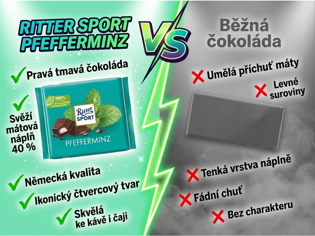 Ritter Sport Pfefferminz peprmintová čokoláda 100 g - srovnání s běžnou čokoládou