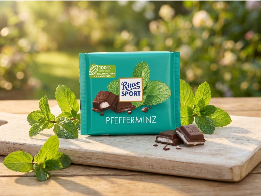 Ritter Sport Pfefferminz peprmintová čokoláda 100 g - čokoláda a čerstvá máta