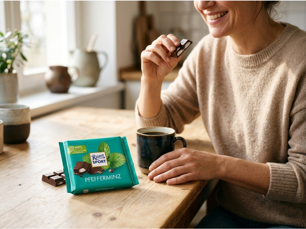 Ritter Sport Pfefferminz peprmintová čokoláda 100 g - vychutnání ke kávě