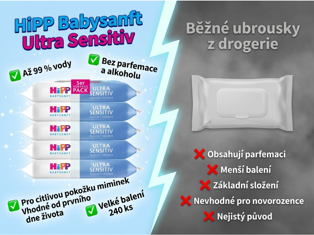 HiPP Babysanft Ultra Sensitiv ubrousky - srovnání s běžnými ubrousky