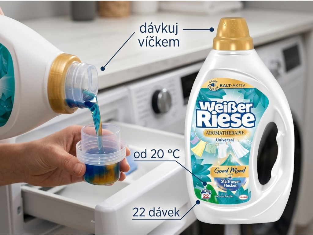 Dávkování pracího gelu Weisser Riese víčkem