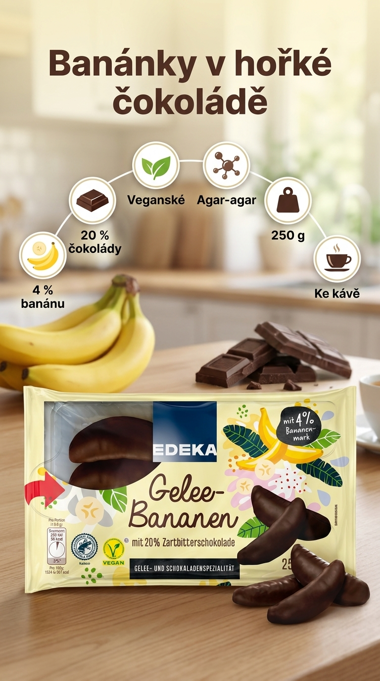 Edeka Banánky v želé obalované v hořké čokoládě 250g - mobilní infografika