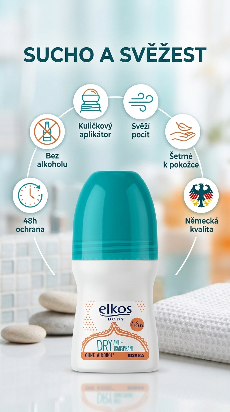 Elkos Dry kuličkový antiperspirant - mobilní infografika