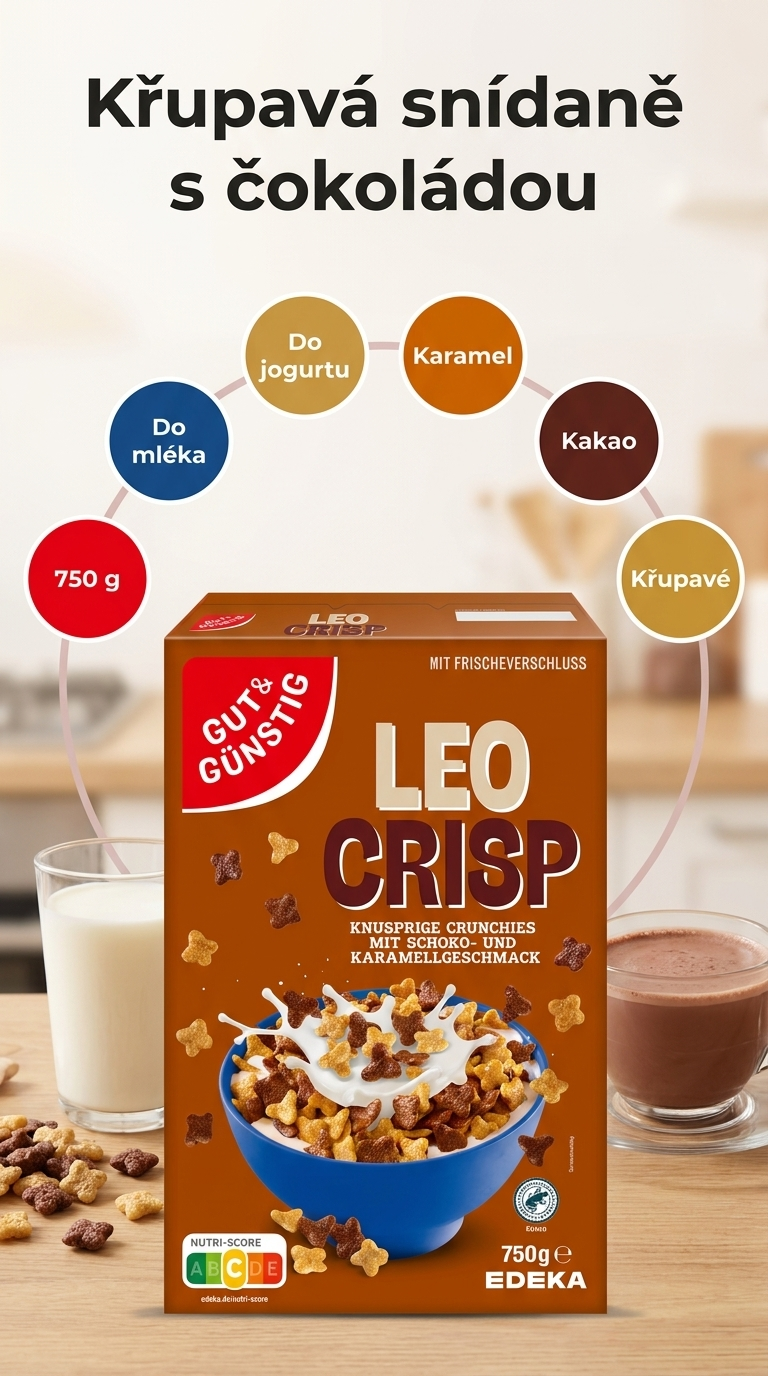 G&G Leo Crisp čokoládové cereálie s karamelem - mobilní infografika