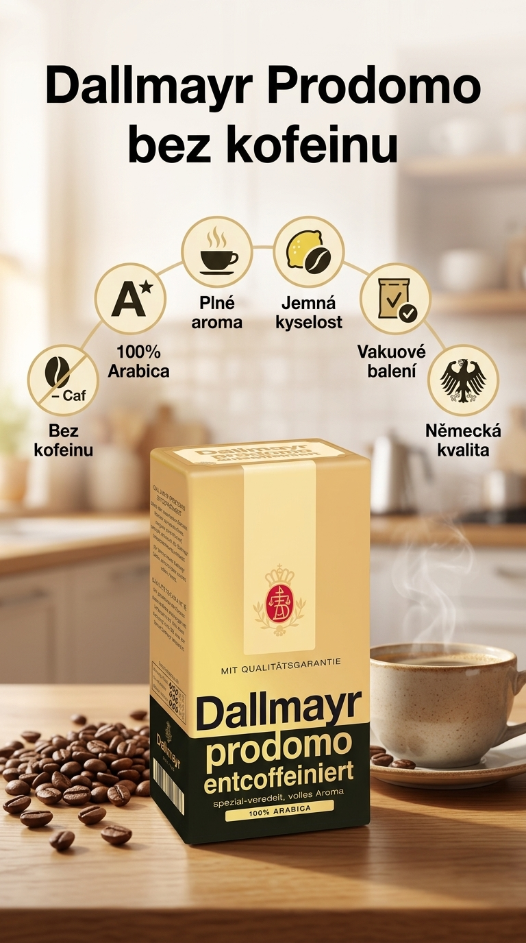 Dallmayr Prodomo bez kofeinu mletá káva 500g - mobilní infografika