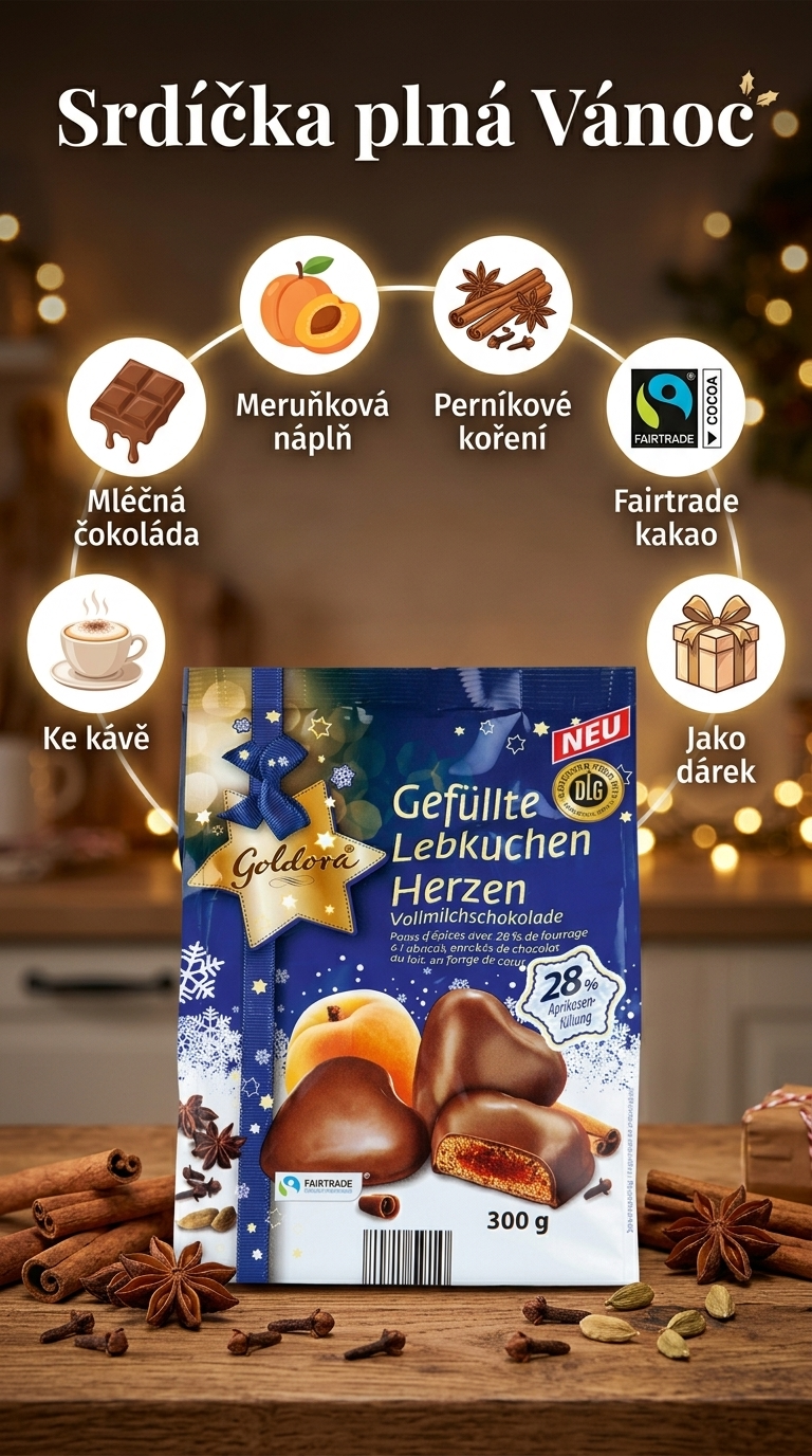 Goldora perníčková srdíčka v mléčné čokoládě plněná meruňkovou náplní 300g - mobilní infografika