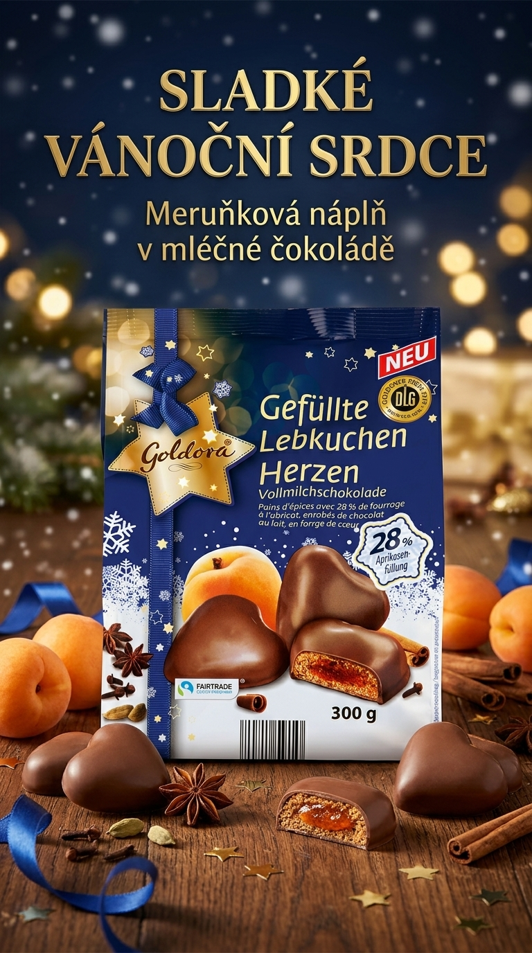 Goldora perníčková srdíčka v mléčné čokoládě plněná meruňkovou náplní 300g - vánoční lifestyle poster