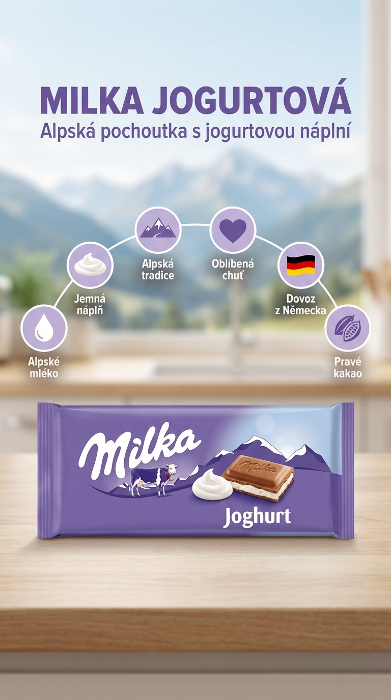 Milka jogurtová 100g - mobilní infografika s alpskými benefity