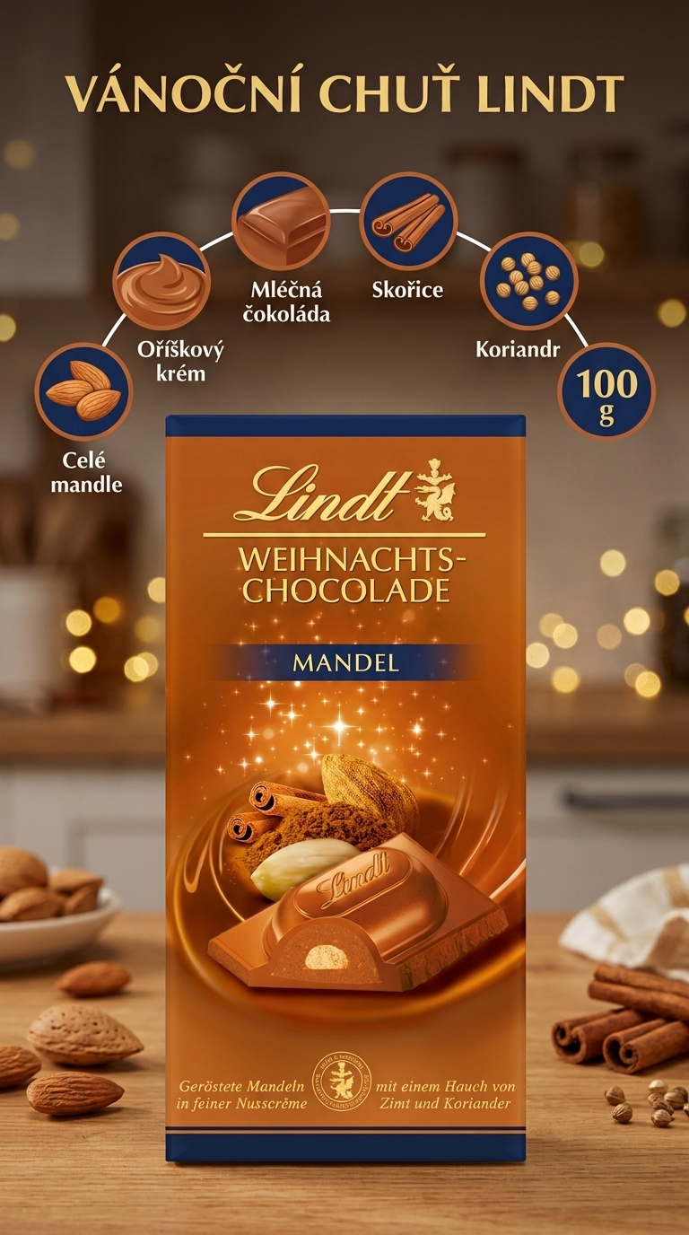 Lindt vánoční čokoláda s mandlemi 100 g - mobilní infografika