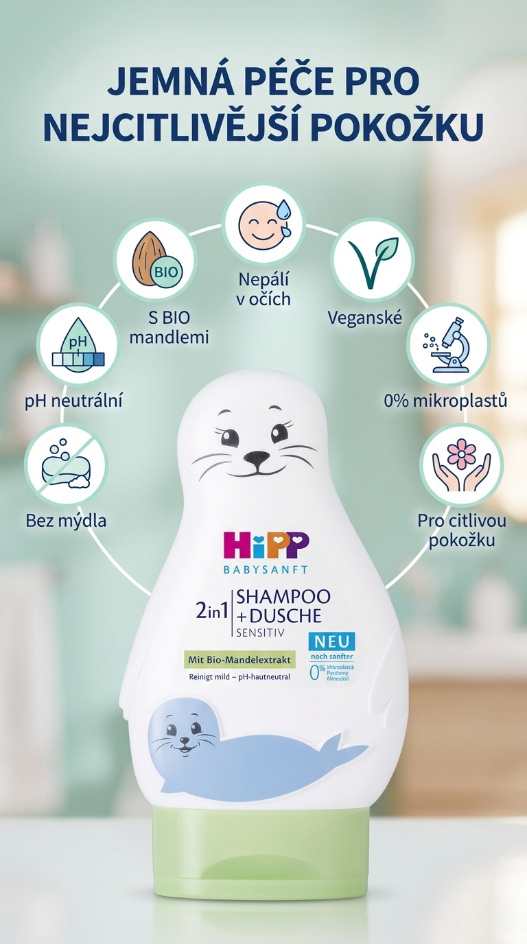 HiPP Babysanft 2v1 šampon a sprchový gel Sensitiv 200ml - mobilní infografika