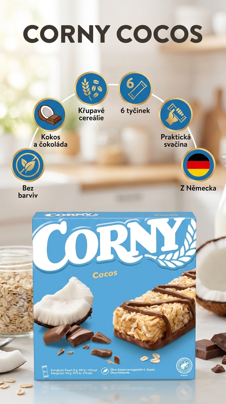 Corny Cocos cereální tyčinky - mobilní infografika