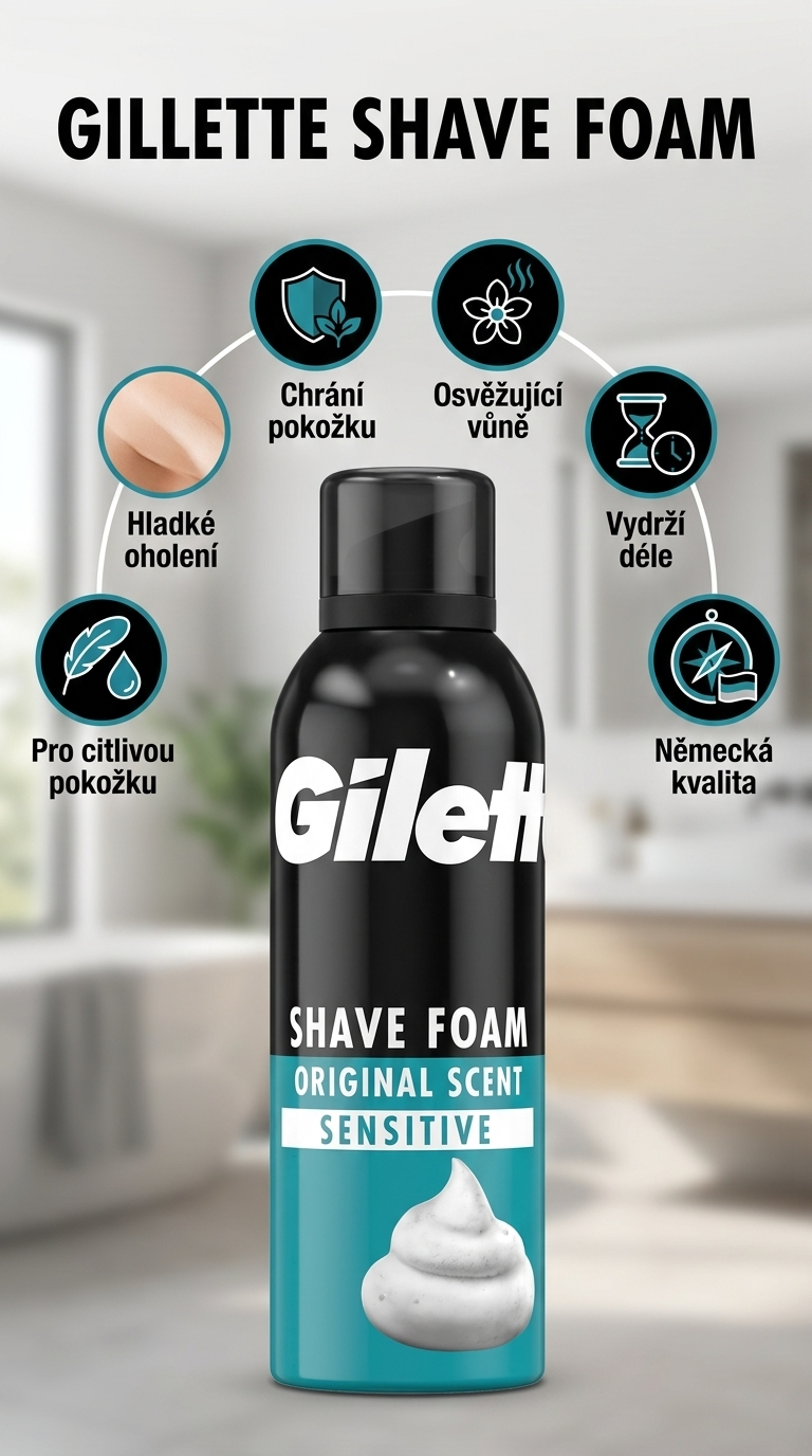 Gillette pěna na holení pro citlivou pokožku 200 ml - mobilní infografika