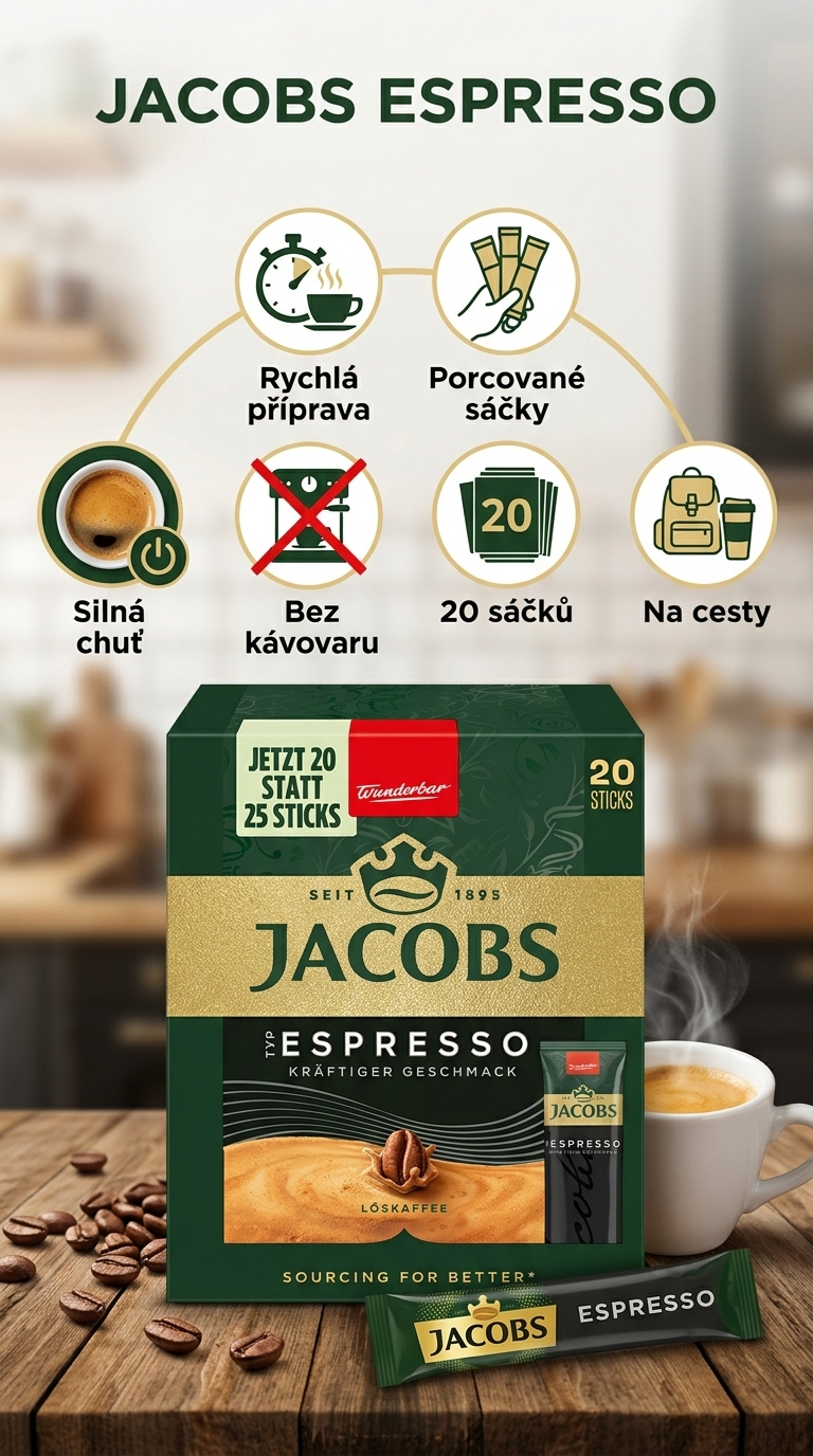 Jacobs Espresso rozpustná káva porcovaná - mobilní infografika