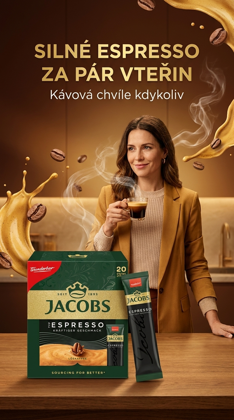 Jacobs Espresso rozpustná káva porcovaná - lifestyle plakát