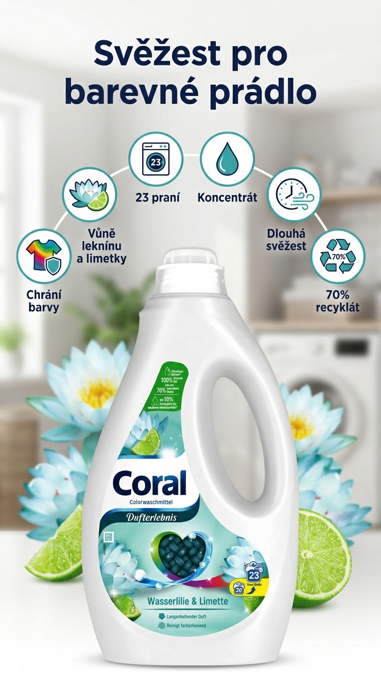 Coral prací gel Color leknín a limetka - mobilní infografika