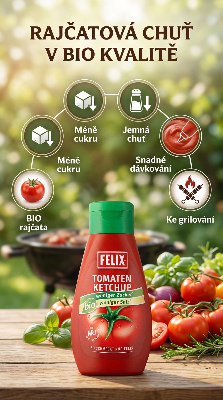 Felix BIO čistý kečup s méně cukrem a soli 435g - mobilní infografika
