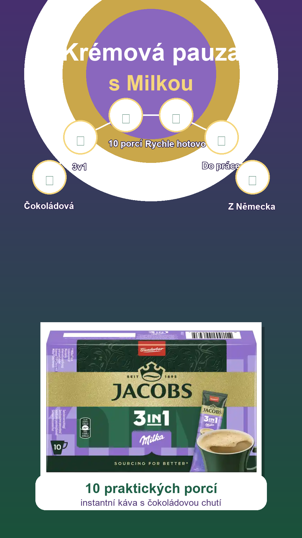 Jacobs instantní káva 3v1 s příchutí Milka 10ks 124 g - mobilní infografika
