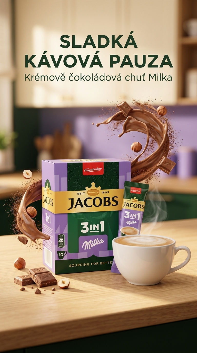Jacobs instantní káva 3v1 s příchutí Milka 10ks 124 g - kávová pauza s čokoládovou vůní